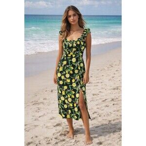 Maxi Dress Sundress Womens Small Black Yellow Lemon Novelty Beachy Vacation Boho
